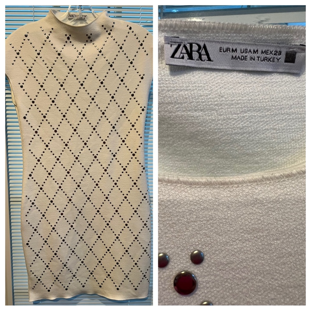 Zara Cream Studded Knit Dress with Diamond Pattern